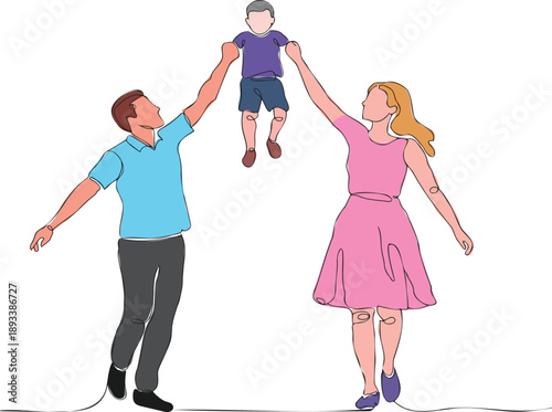 Colorful Continuous One Line Drawing of Happy Family Parents Lifting Child in Joyful Pose, Modern Vector Illustration.