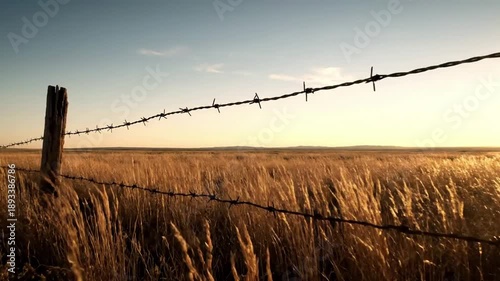 Weathered Fence Post with Glint Medium shot focusing on a section of fence where weathered wooden posts meet the wire, highlighting the contrast and intermittent glints from the taut wire.