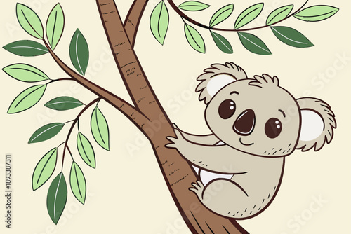 Adorable koala clinging to tree branch - cute cartoon vector illustration