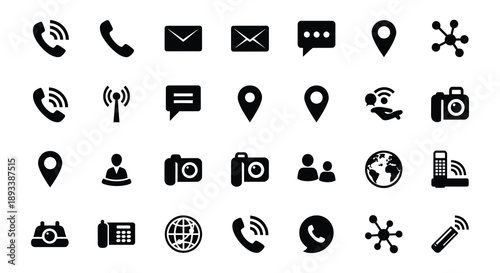 Collection of black communication and location icons on a white background