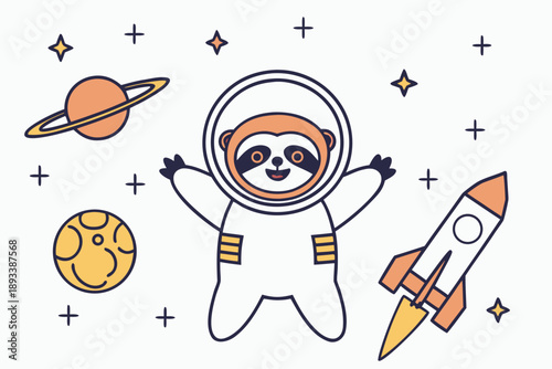 Adorable cartoon astronaut sloth in space surrounded by planets, stars, and a rocket. cute vector illustration for kids' designs, cosmic adventures, and discovery themes.