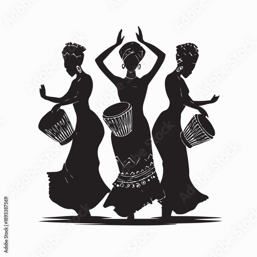 African Dancer Silhouette with Drum: Cultural Performance and Traditional Art Illustration