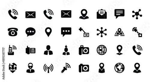 Collection of black communication and location icons on a white background