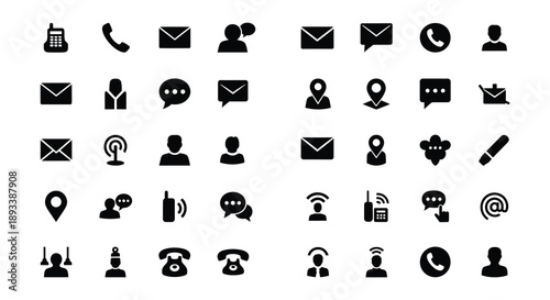 Collection of black communication and location icons on a white background