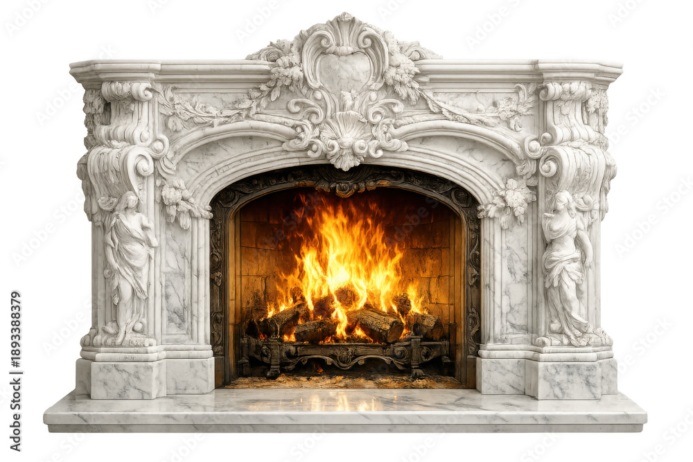 Fototapeta premium Ornate white marble fireplace with classical baroque carving and burning fire on transparent background