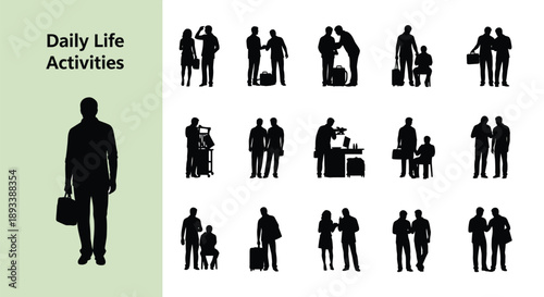Collection of diverse business and travel silhouettes illustrating various daily life activities involving standing talking walking greeting and luggage handling across multiple settings