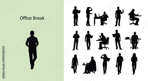 Collection of black silhouette vector illustrations depicting various office workers taking necessary breaks standing sitting working and walking around the workspace