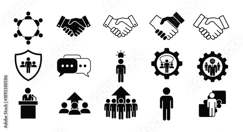 Black and white icons depicting teamwork meetings and business collaboration