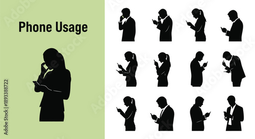 Collection of diverse business people silhouettes demonstrating various ways individuals interact with their mobile phones while standing in different postures