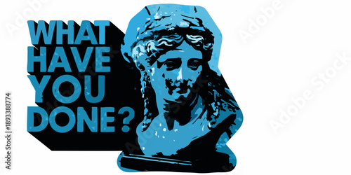 Pop art image featuring a bust with questioning text overlay
