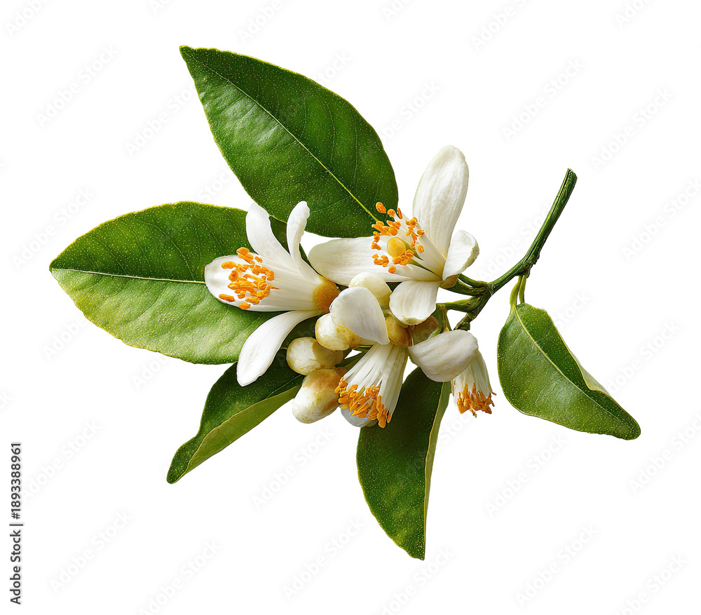 Obraz premium Close-up of citrus blossoms and leaves on a branch. Fresh, fragrant, and vibrant blossoms. Bright, healthy foliage. Isolated on black