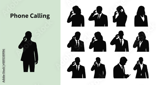 Collection of diverse male and female business professional silhouettes engaging in various postures while actively communicating on modern mobile phones across different settings