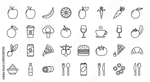 Line art illustration of various fruits vegetables and food items