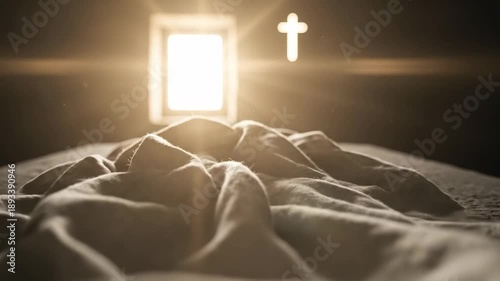 Empty Tomb of Jesus Christ with Burial Shroud and Glowing Cross Light, Resurrection of Jesus on Easter Sunday Morning, Christian Faith and Hope Concept