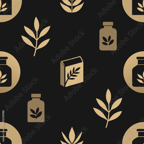 Seamless vector pattern of herbal products and leaves on black background  