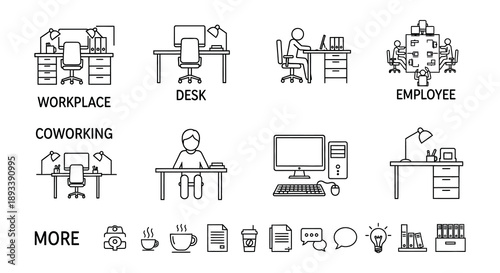 Line art icons depicting various office workspaces and equipment