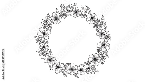Elegant hand drawn black and white floral wreath forming a circular botanical frame on white background ideal for wedding invitations greeting cards and luxury graphic design
