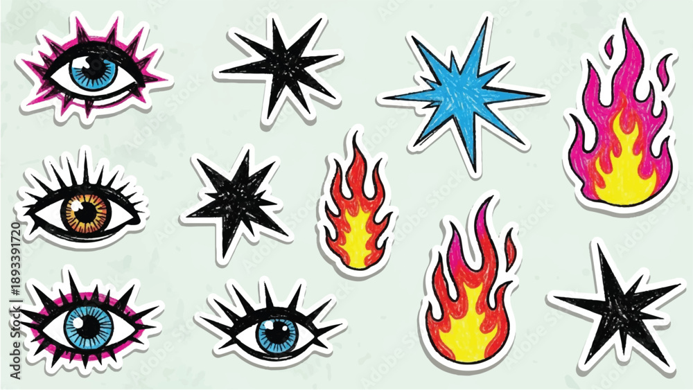 Obraz premium Crayon lightning, fire and star doodle shapes set. Hand drawn charcoal graffiti punk pencil simple scribble element. Flash lightning fire star pastel punk rock vector grange
