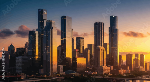 Impressive panoramic view of a modern city skyline illuminated by the dramatic warm glow of a vibrant sunset sky