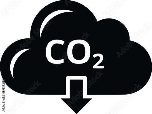 CO2 emissions reduction icon, black carbon dioxide cloud with down arrow, isolated on white background
