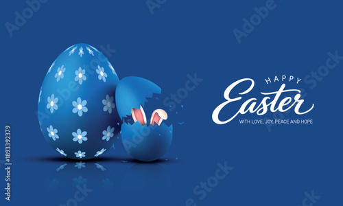 Easter concept with decorated blue egg and bunny surprise background design, vector illustration EPS10.