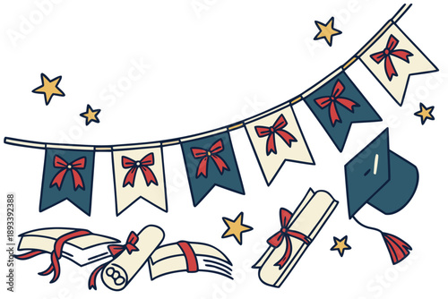 Festive graduation celebration vector illustration with mortarboard cap, diplomas, books, and decorative banners for academic achievements and party design. perfect for university and college events.