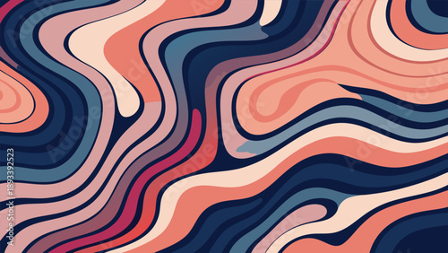 Slika na platnu Abstract Topographic Contour Background with Fluid Rose and Coral Curves on Midnight Navy