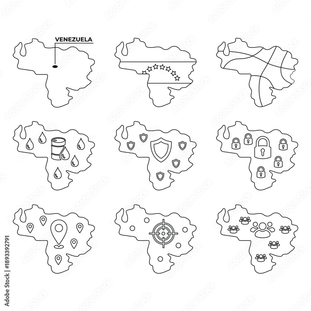 Obraz premium Country Map Infographic Venezuela Map Outlines with Geographic, Resource, and Social Issue Icons for Global Context