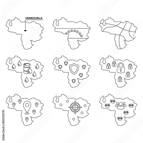 Country Map Infographic Venezuela Map Outlines with Geographic, Resource, and Social Issue Icons for Global Context