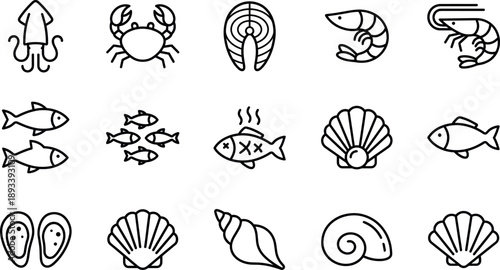 Seafood and marine life line icon set featuring fish, crab, shrimp, squid, shellfish, oyster and various ocean aquatic animals