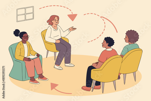 Diverse group of people engaging in a group therapy session or support meeting, fostering open communication and mutual understanding for mental health and well-being. vector illustration.