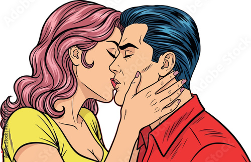 Colorful Retro Pop Art Romantic Kissing Couple for Valentine Day