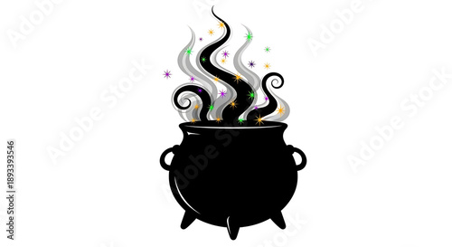 A black cauldron with rising smoke and colorful stars on a white isolated background vector graphic ai generated