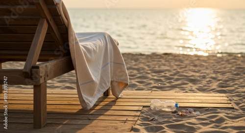 Sunset Beach Scene with Wooden Lounge Chair and Litter