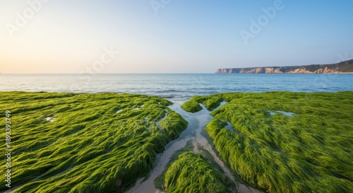 Vibrant Green Seaweed Covering Rocky Beach at Sunrise