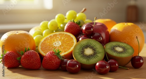 Colorful Assortment of Fresh Fruits on Wooden Table