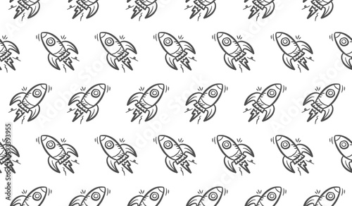 Space rocket background. Doodle space ship pattern background. Spacecraft seamless pattern background. Outer space hand drawn seamless pattern wallpaper.