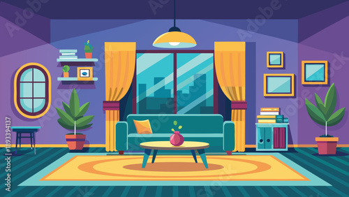 A colorful and modern living room with a couch and coffee table