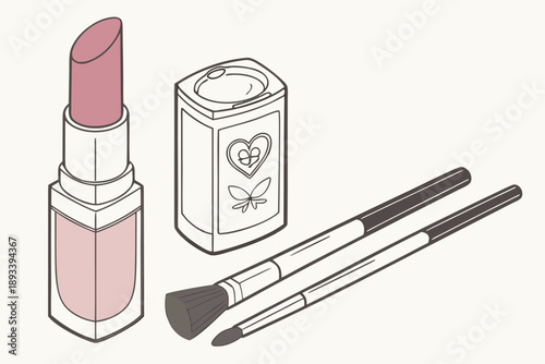 Simple vector illustration of lipstick and makeup brushes on a plain background, perfect for beauty and cosmetic themes.