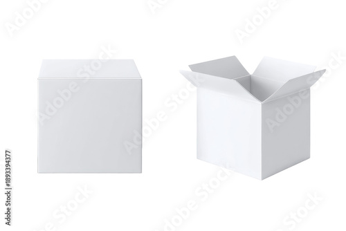 Two white cardboard boxes; one closed, one open