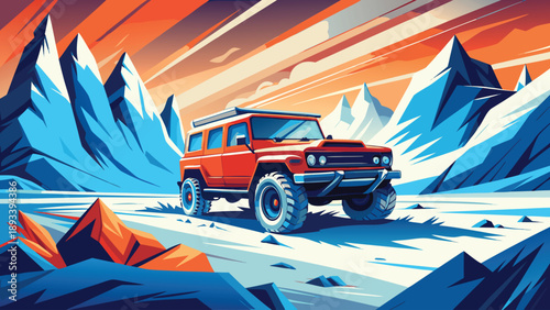 A red SUV driving through a snowy mountain landscape at sunset