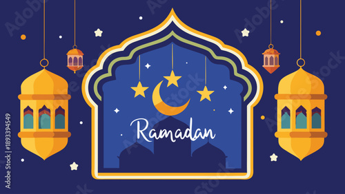 A colorful illustration celebrating Ramadan with lanterns and crescent moon