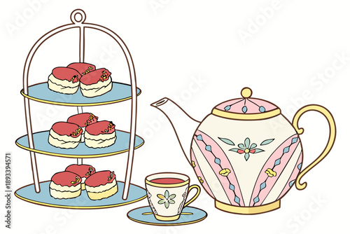 Vector illustration of a charming afternoon tea set with a three-tiered stand filled with delicious pastries, a decorative teapot, and a teacup and saucer, perfect for culinary or hospitality themes.