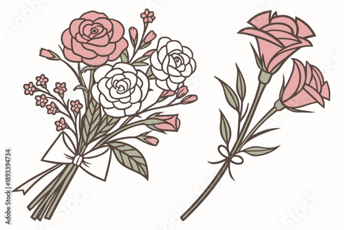 Delicate vector illustration of a romantic rose bouquet and two single roses tied with a ribbon, perfect for greeting cards and floral designs