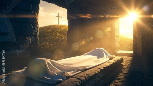 The empty tomb of Jesus Christ with burial shroud and cross on the hill at sunrise, resurrection of Jesus Christ on Easter morning