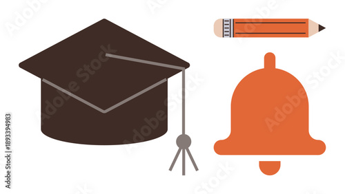 Education, graduation, learning tools, academic success, school system, student life. A graduation cap, an orange bell and a wooden pencil. Education and graduation achievement and milestones