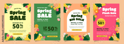 Spring sale poster template collection with floral design and discount promotion