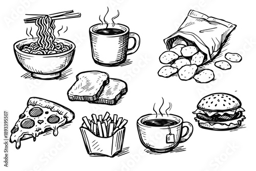 Hand Drawn Office Breakroom Pantry Snacks Sketch Vector Set