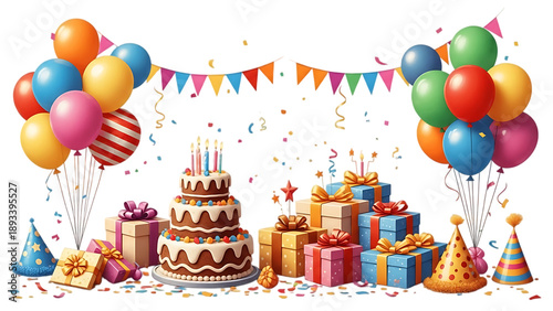 Birthday Party Scene with Cake, Gifts, Balloons and Confetti Celebration Illustration