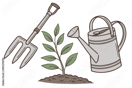 Vector illustration of gardening tools: a hand fork, a watering can, and a young plant being repotted in soil, representing growth and cultivation.